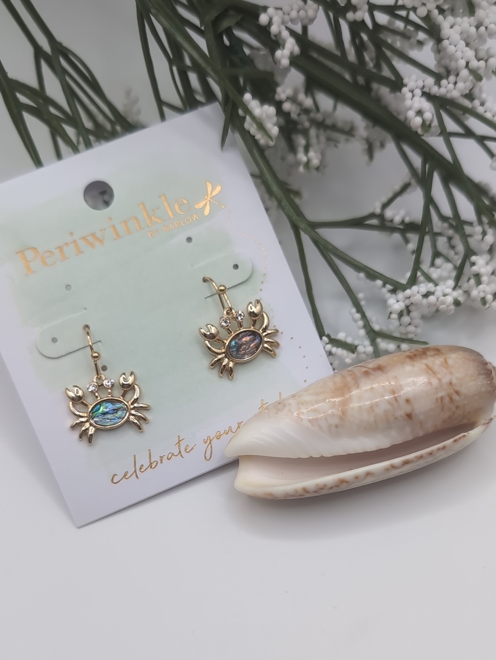 Periwinkle By Barlow Gold Crab Dangle Earrings with Iridescent Blue Accent NWT